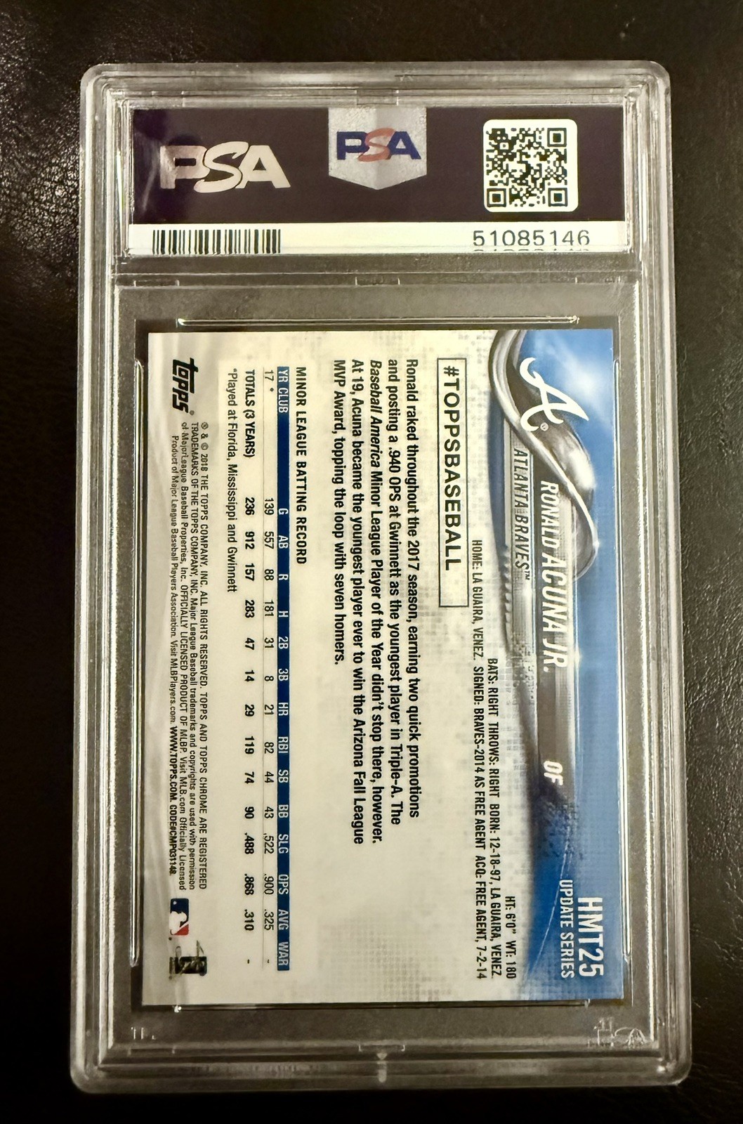 Ronald Acuna Jr. 2018 Topps Chrome Update #HMT25 PSA 10 Gem Mint Rookie Card RC view 2