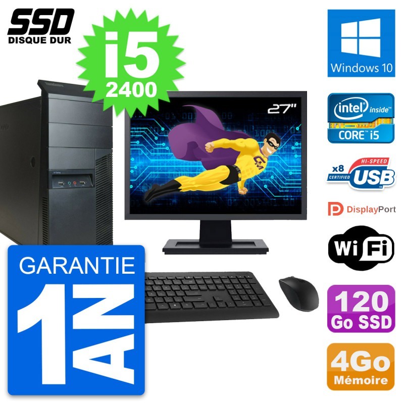 PC Tour Lenovo M91p Ecran 27" Core i5-2400 RAM 4Go SSD 120Go Windows 10 Wifi