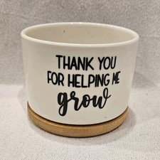 Image of Small White Ceramic Flower Pot with Saucer 'Thank You For Helping Me Grow'