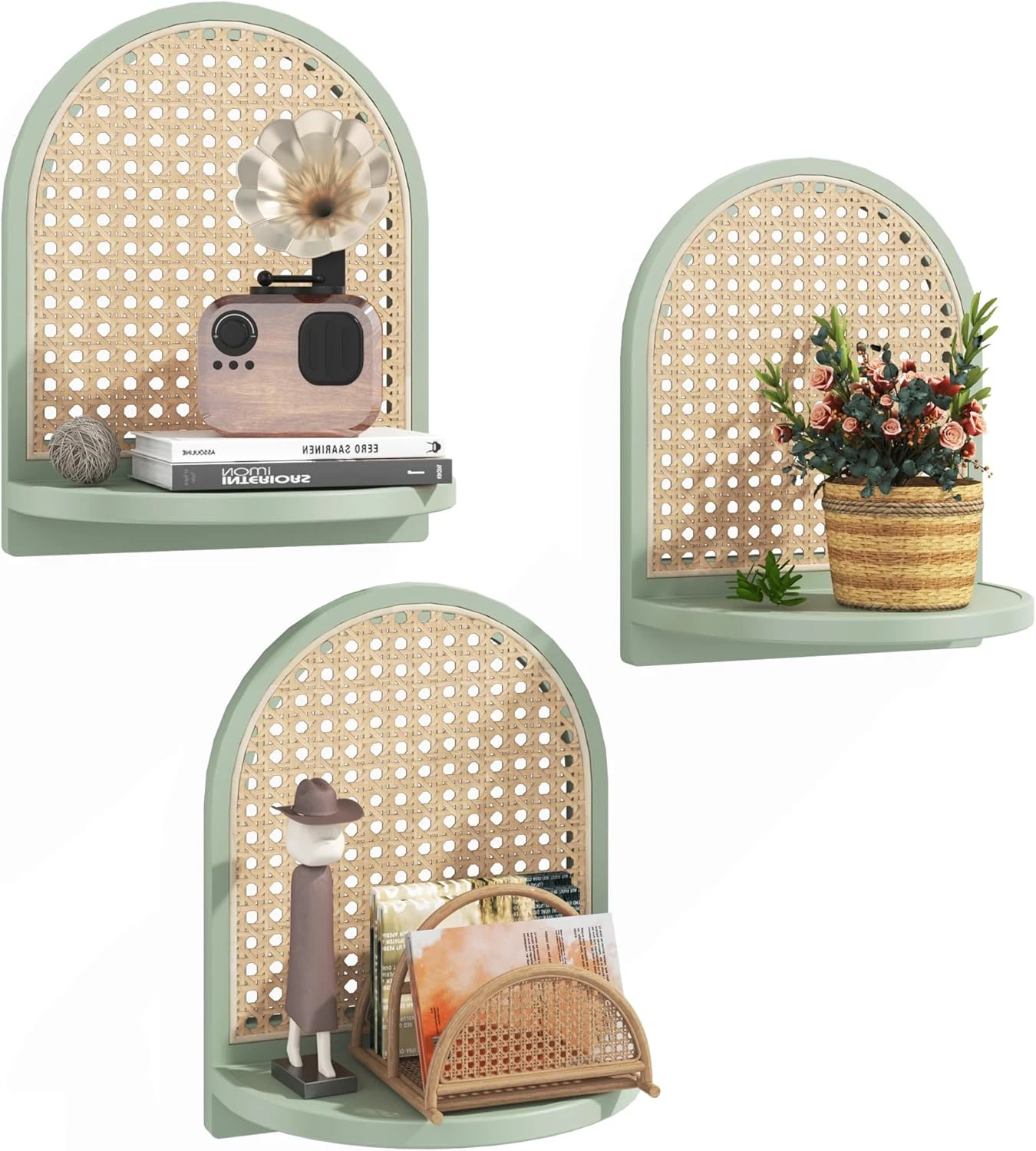 Boho Rattan Wall Shelf Set of 3 - Green Floating Shelves for Decor & Storage