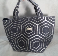 Jim Thompson Medium Canvas Geometric Tote Bag Purse Two Handles Blue Silver