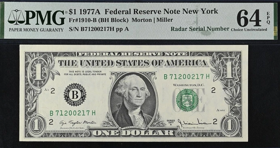 1977A $1 FRN PMG 64EPQ - 2 Consecutive Radar Serial Number 71100117 & 71200217 - Image 4 of 4