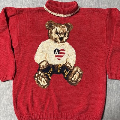 Vintage Eagles Eye Red Knit Preppy Teddy Bear Sweater Size Large VTG