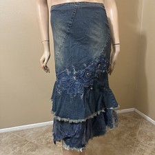 Women  s Blue Denim Cotton Stretch Boho Beads Lace Zip Size S 4-6 Skirt 3716