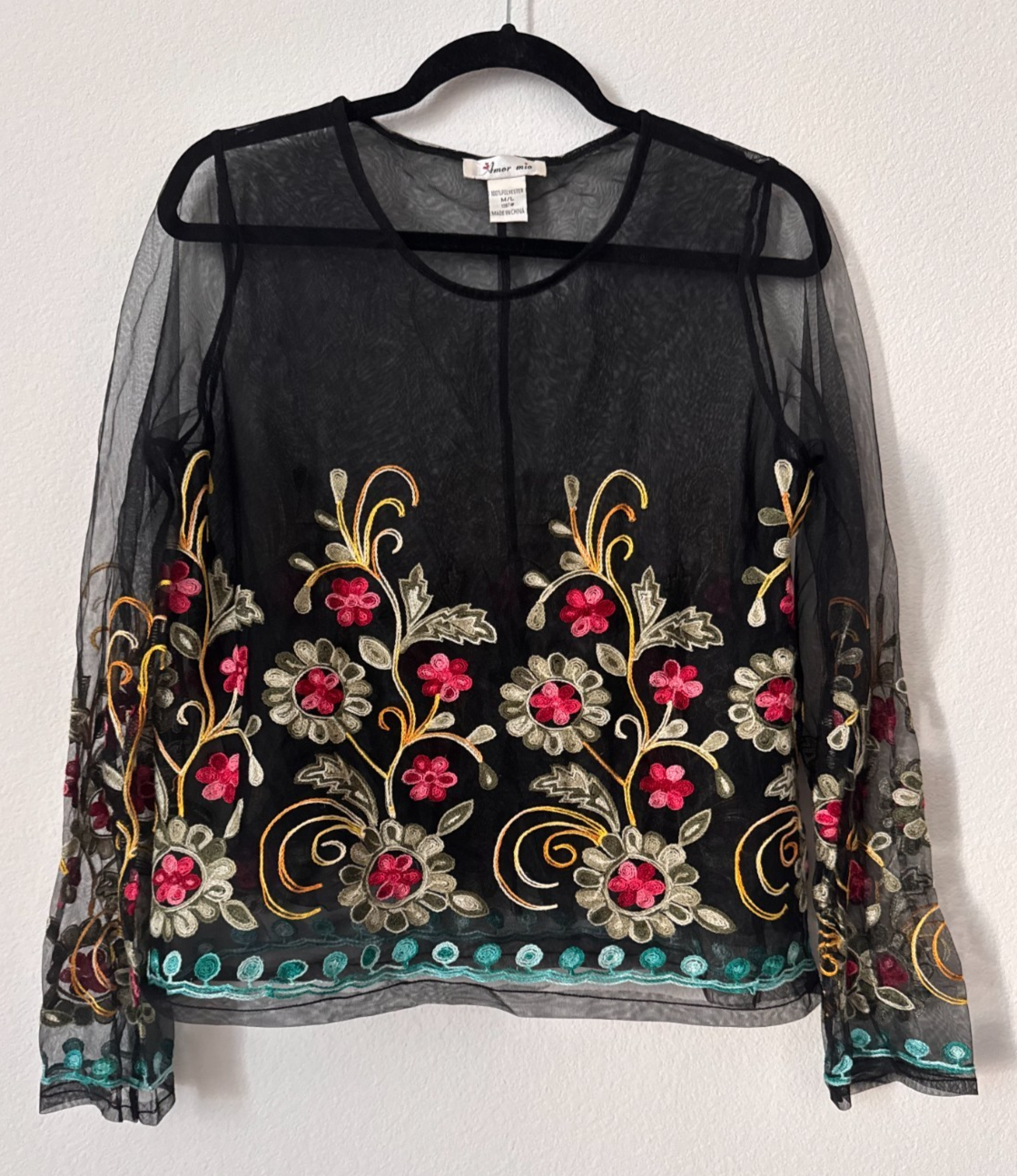 Boho Embroidered Mesh Sheer Floral Blouse Black Long Sleeve M/L