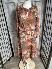 M vtg Dress 80s Floral Semi Sheer  Sleeve Sweetheart Cottage Elastic Waist 