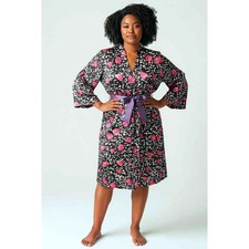 Vintage Josie By Natori Sz M Red Pink Roses Floral Belted Polyester Robe Duster