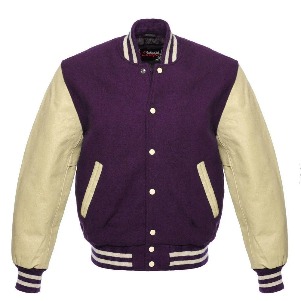 Wool Baseball Varsity Jacket Authentic Leather Sleeves Bomber Jacket Men's