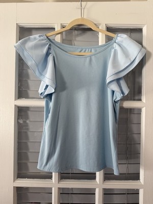 SHEIN Women s L Light Blue Ruffle Sleeve Round Neck Ribbed Top | SKU 0195