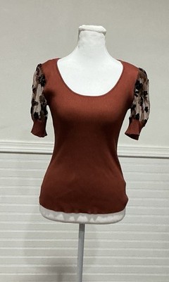 VTG Absolutely Famous Y2K Ribbed Top Sheer Floral Puff Sleeves Size M