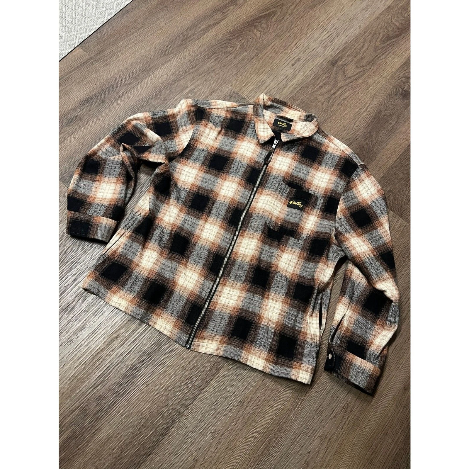 Stan Ray Mens Large Brown Black Plaid Full Zip Cotton Flannel Shirt Jacket image 1