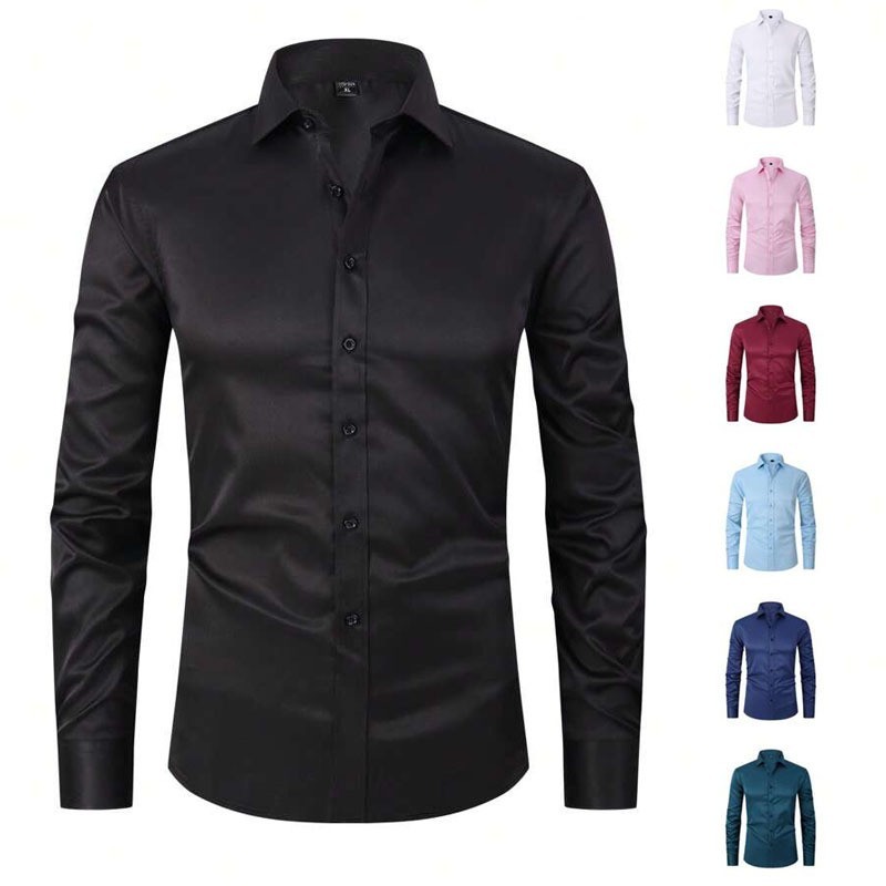 Men's elastic shirt long sleeved casual shirt top slim fit solid color inch shir