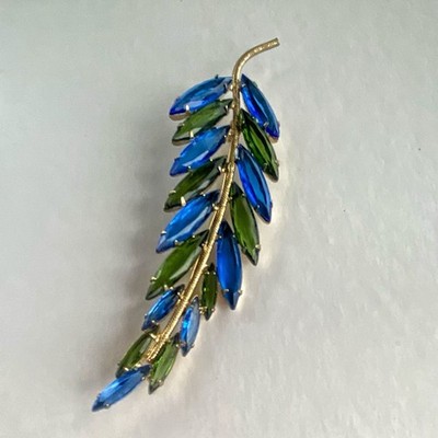 Juliana D&E Leaf Brooch Blue & Teal Green  Graduated Navette Rhinestones 5''  Pin