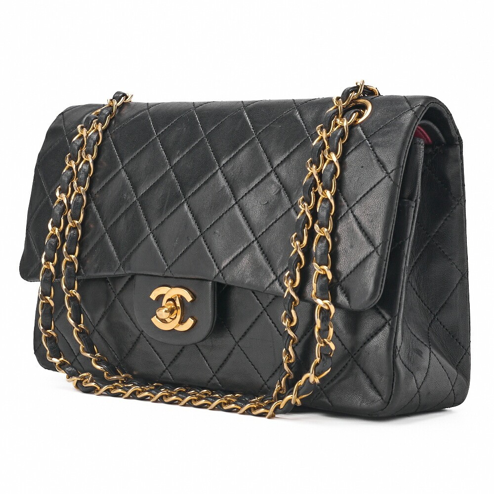 CHANEL Matelasse Double Flap 25cm Lambskin Black Chain Shoulder Bag 133806
