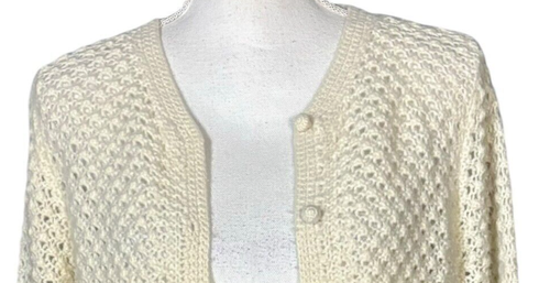 LL Bean Cardigan Size Large Angora Wool Popcorn Bobble Knit Ivory Cottagecore - Photo 3 sur 8