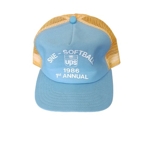 Vintage 1986 UPS Cap Hat Mesh SNE-SOFTBALL 1st Annual Snapback Blue Yellow - Picture 2 of 9