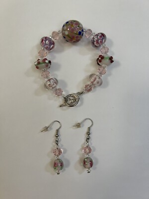 Lampwork Glass Bead Bracelet and Earrings Set - Amber Flower