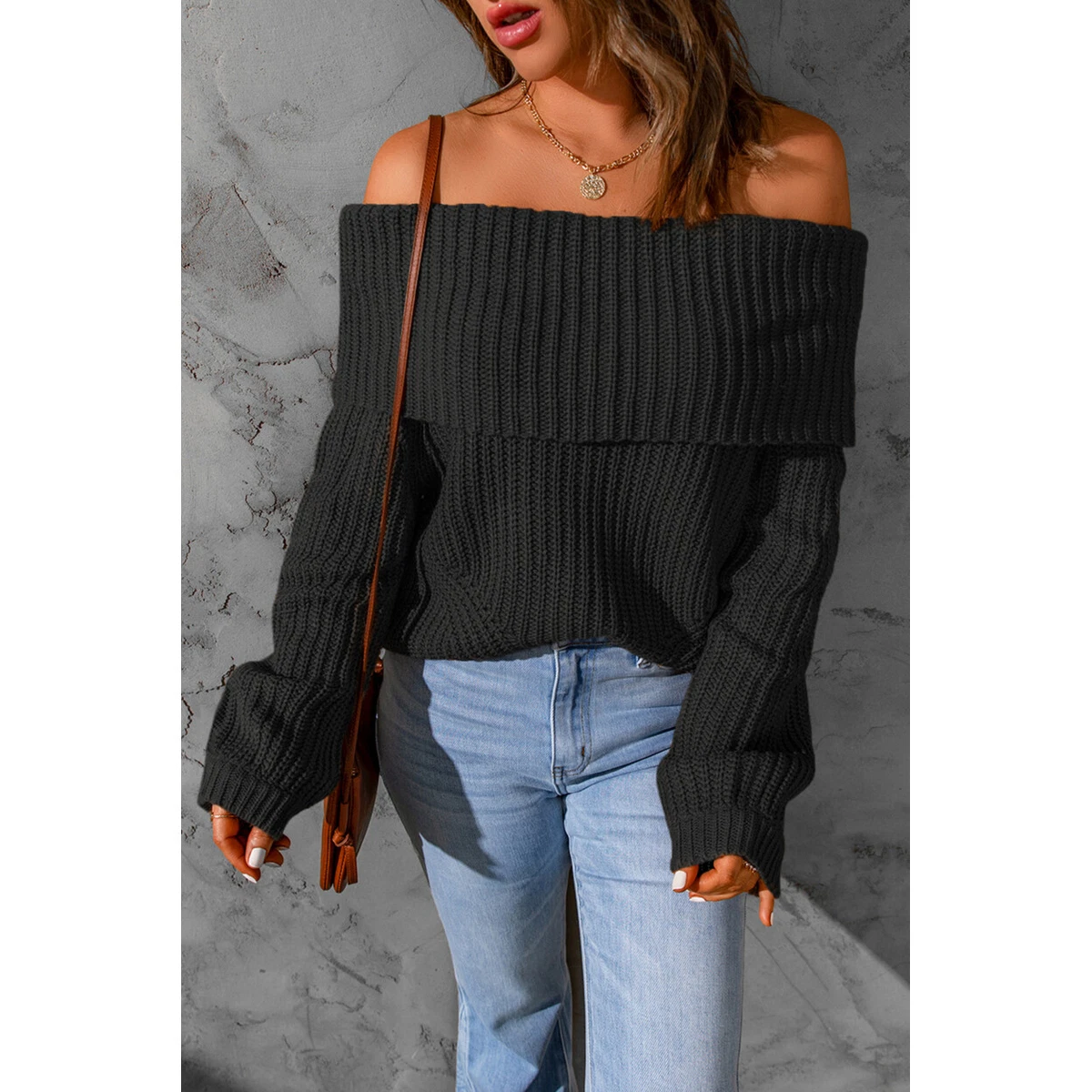 Womens Black Ribbed Knit Foldover Off Shoulder Sweater eBay