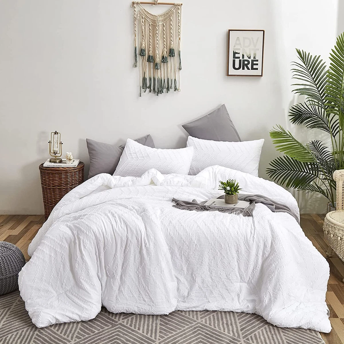 Cottonight White Jacquard Comforter Set King Boho Chevron Tufted
