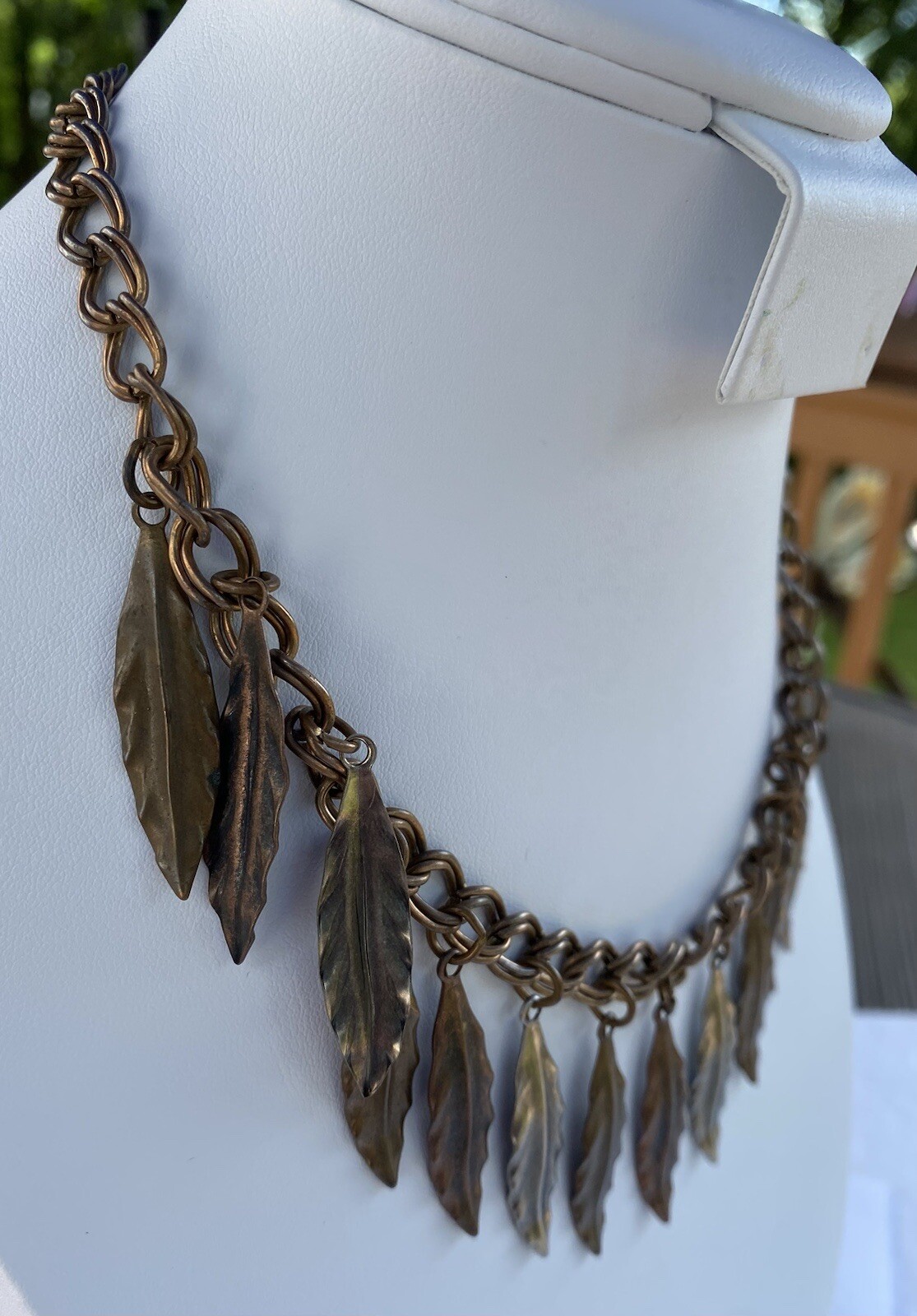 Vintage Brass Dangle Leaf Statement Necklace 16 I… - image 3