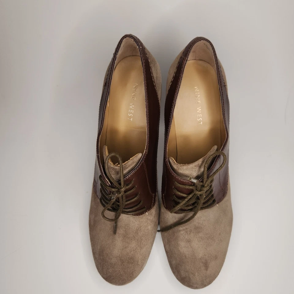 Nine West Candyce Talla 7.5M Tacones Oxford Marrón Gamuza Cuero Punta Redonda Con Cordones Foto 3 de 4