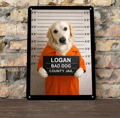 Personalised Prison mug shot with your dogs picture & name Sign - A4 Metal Sign - Image 1 of 4