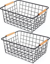 2 Pack Black Wire Storage Baskets with Wooden Handles Pantry Organizer