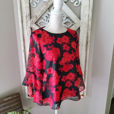 Kasper Women's Carrie Chiffon Bell Sleeve Floral Blouse Metallic Dot Red & Black