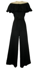 Vintage 1970s black off shoulder jumpsuit XS cape sleeve sleeveless wide leg