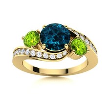 London Blue Topaz  Peridot 5MM Round 925 Silver Gold Plated Three Stone Ring