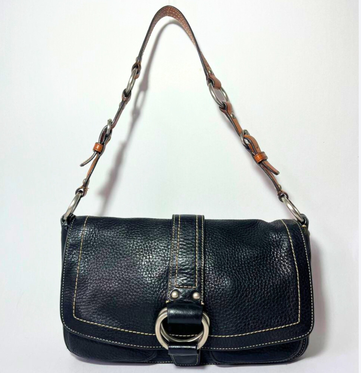 Vintage Coach Chelsea Pebbled Leather Shoulder Bag Black F10893 Y2K Ring Buckle