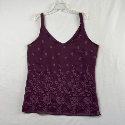 #ad White House Black Market Tank Top Small Floral Embroidered V neck Burgundy Party $12.75