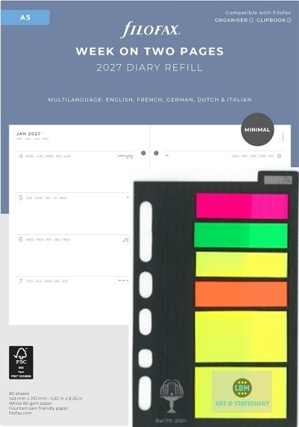 Filofax 2027 A5 Diary - Week On Two Pages + 150 Index Page Markers 68590