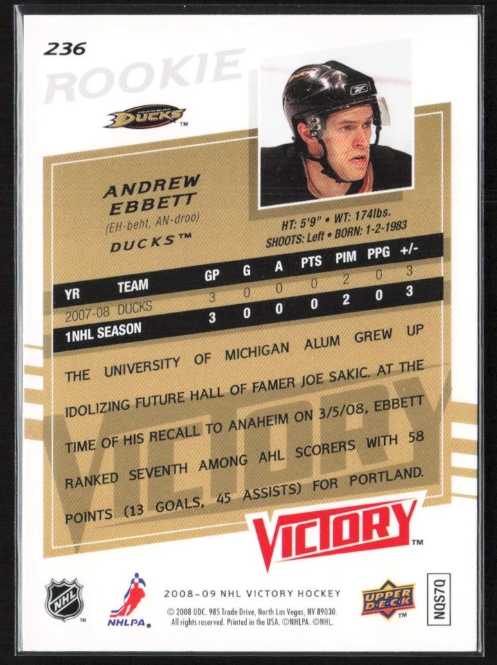 2008-09 Upper Deck Victory Andrew Ebbett RC Anaheim Ducks #236 - Image 2 of 2