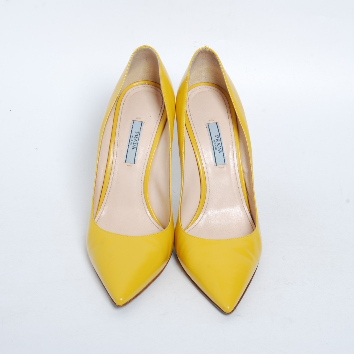 PRADA Women Yellow Pumps Patent Leather Pointed Toe Party