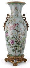 PORCELAIN SPRING AVIARY VASE WITH BRONZE ORMOLU -13"L x 30"H