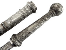 ANTIQUE BURMA BURMESE DHA TEMPLE FIGHTING LONG SWORD WITH SILVER INLAID SCABBARD