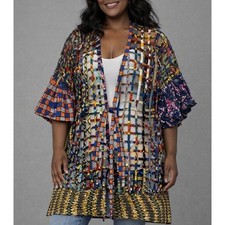 African Wax Print Ankara Lattice Cage Kimono Cardigan Bell Sleeve Womens OS