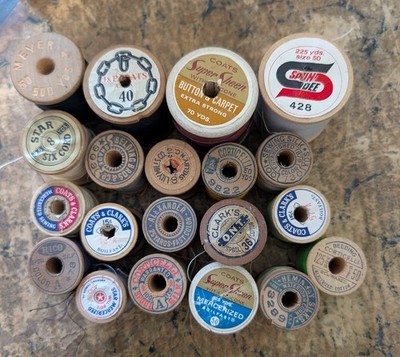 Antique Vintage Sewing Thread Wooden Spools, Lot of 20 Assorted Brands