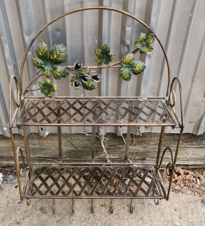 Rustic 2 Tier Metal Wall Shelf Grapevine & Leaf Motif Hanging Hooks Glass Grapes