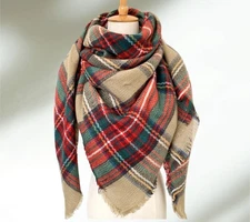 Beige, Red and Green Plaid Blanket Scarf/ Oversized Fall & Winter Scarf