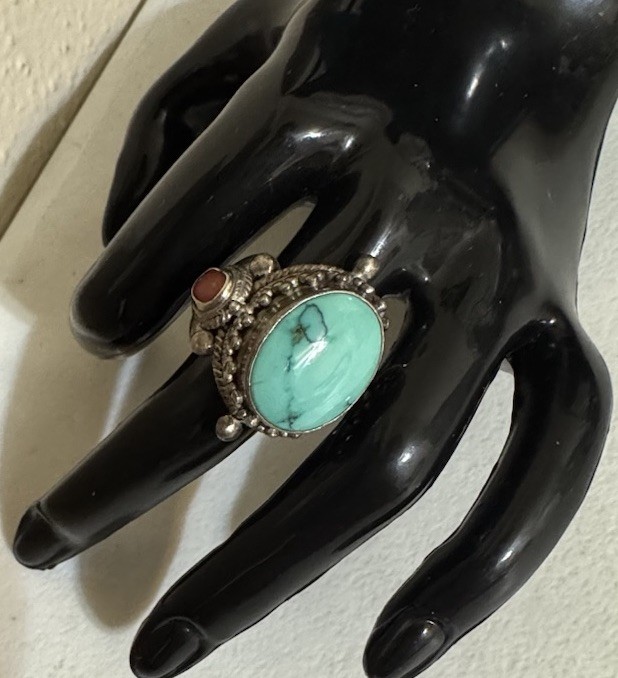 Adjustable Large Vintage Tibetan Sterling Silver Ring With Turquoise And Coral