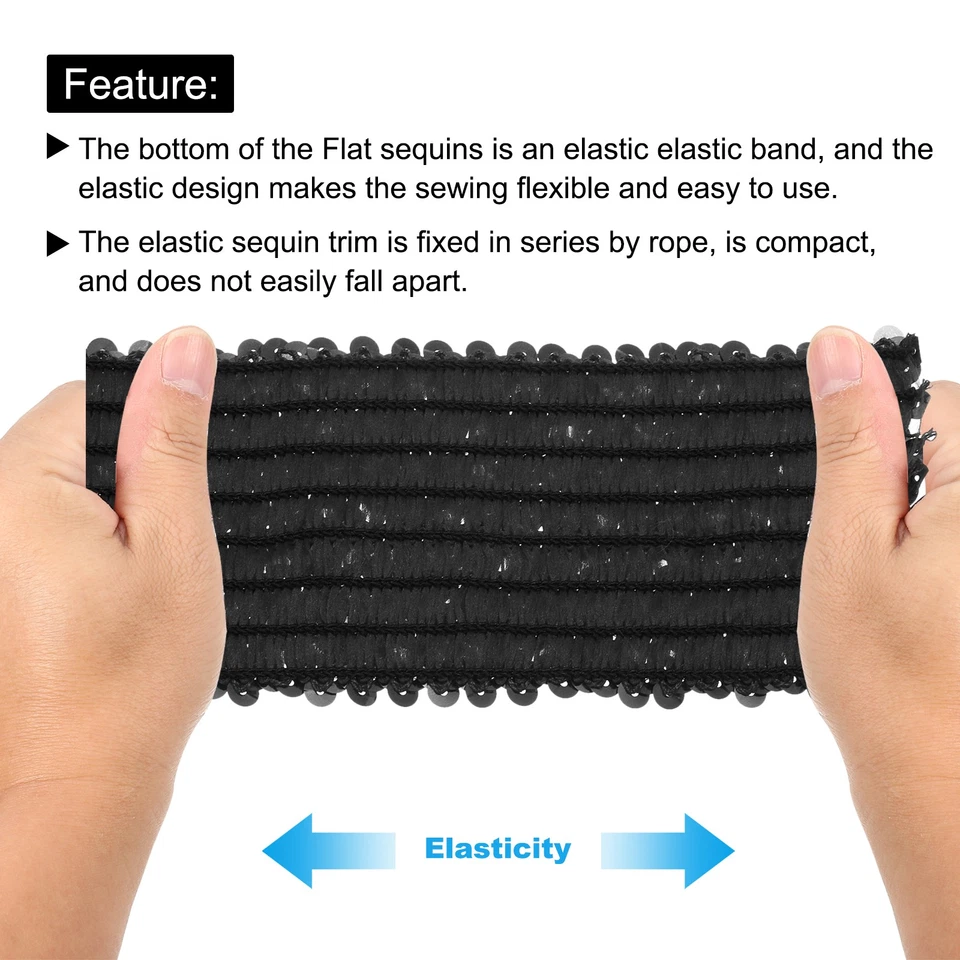 Lentejuelas elásticas de 5,5 yardas y 3 pulgadas 3 filas lentejuelas planas tira lentejuelas negro Foto 4 de 4