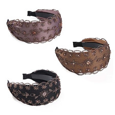 3 PCS Wide Lace Floral Pearl Embroidery Crystal Headbands Women Hairbands