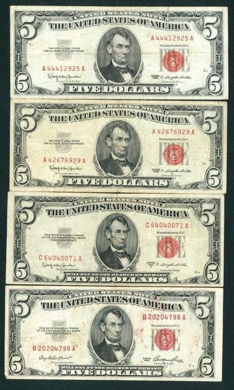 ((4 NOTES)) $5 1953/ 1963 United States Note ** PAPER CURRENCY