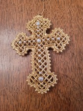 Glittery, gold cross Christmas ornament, 5.5" high