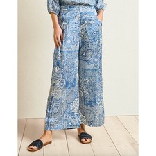 Johnny Was Lauchlen Wide Leg Silk Pants Denim Printed Satin Resort Blue XL NWT