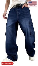 HUNGSON Mens Baggy Cargo Jeans for Men Y2k Skater Vintage Plain Pants Casual Wid