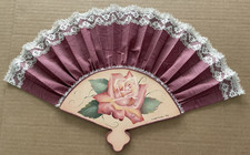 Vintage 1992 HAND PAINTED Hand Fan ROSE Flower Cloth Artist Signed Carol Lorey 1