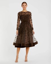 NEW, Mac Duggal Brown Embellished Illusion Midi Dress Size 6 MD673